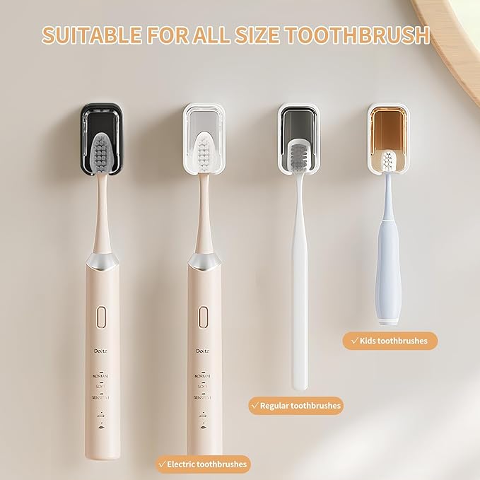 Wall Mounted Toothbrush Holders for Bathroom,Strong Self Adhesive Tooth Brush Holder with Cover, Toothbrush Heads Organizer for Family, 2 Pcs