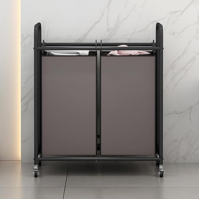 SUOERNUO Laundry Hamper Basket 2 Bag Laundry Sorter Cart with Rolling Lockable Wheels and Removable Bags Laundry Organizer Cart for Clothes Storage, Assorted
