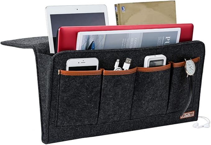 Zafit Bedside Caddy, 7 Pockets Large Size Bedside Organizer Caddy for Magazine Remotes Phone (17.3'' x 18.1'', Dark Grey)