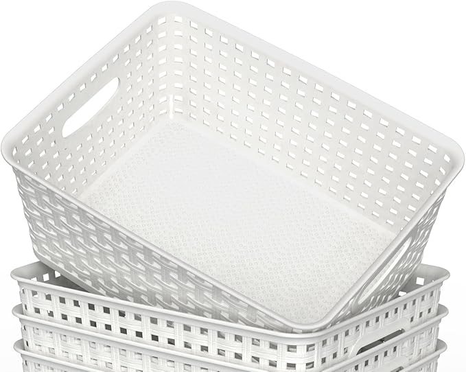 WYT Woven Plastic Storage Baskets, 6 Pack White Weave Bins Organizer, 10.1" x 7.55" x 4.1"