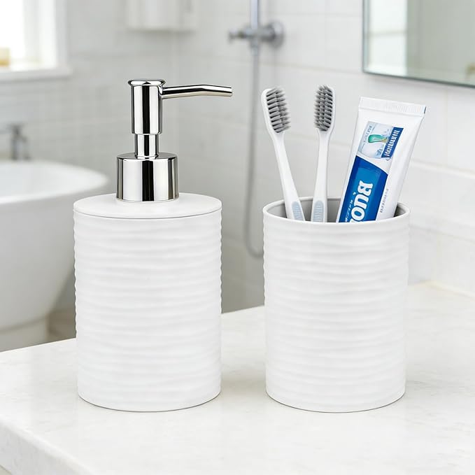 Bathroom Accessories Set, 2-Piece White Soap Dispenser & Toothbrush Holder with Ripple Texture & Rust-Proof Pump, Modern Matte Organization