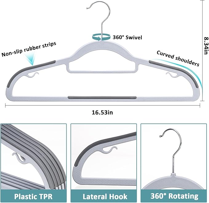 LMTrystFit 50-Pack Plastic Clothes Hangers, Space Saver, Non Slip, 360° Swivel Hook, 0.2 Inches Slim, Sturdy Heavy Duty Coat, Durable Hangers for Suits, Light and Dark Gray