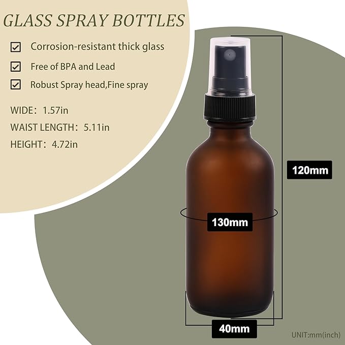 Green Glass Small Spray Bottles 2 oz 48 Packs,Fine Mist Sprayer Pretty Finish,Refillable Containers mini spray bottles for Cleaning Solutions and Skin Care (Amber Frosted 48Pack)