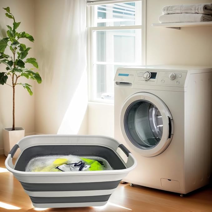 SMMART Collapsible Plastic Laundry Basket with Handle/Foldable Pop Up Storage Hamper/Portable Laundry Organizer-Space Saving Washing Tub/Household Storage Supplies (Grey/Steel Grey, 27L (Set of 2))