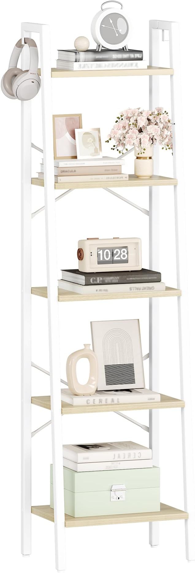 Ladder Shelf, Bookshelf Bookcase, Freestanding Corner Storage Shelve with 2 Hooks for Home Office, Living Room, Kitchen, Bedroom, Industrial, 11.8" D x 17.3" W x 63" H, White Oak and White