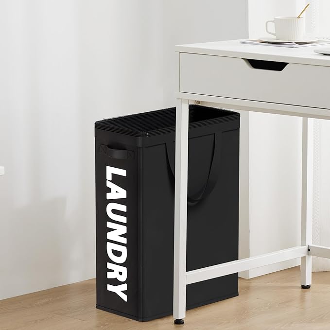 Slim Laundry Hamper with Removable Inner Bag and Side Handles, 45L Small Laundry Baskets to Store Clothes, Narrow Dirty Clothes Hamper for Laundry Room, Bathroom, Bedroom, and Living Room - Black