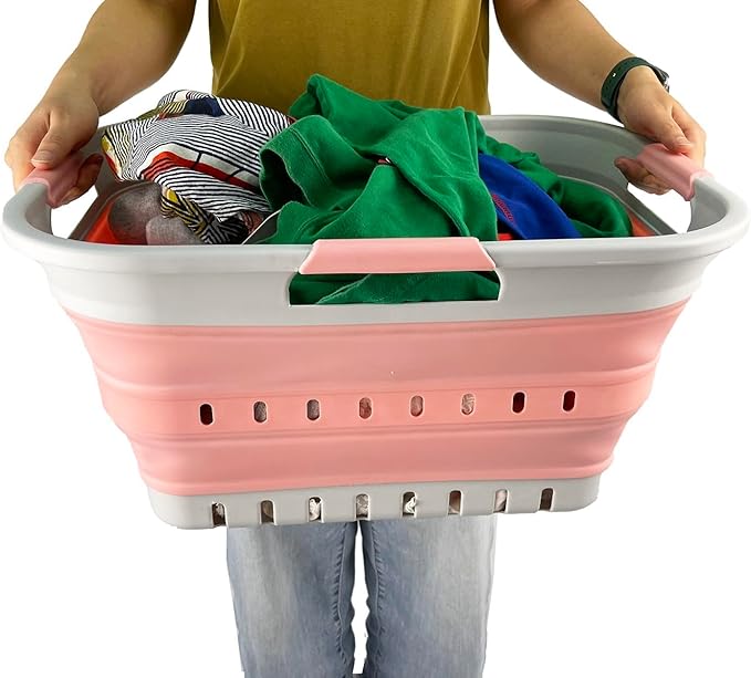 SAMMART Collapsible Plastic Rectangular Laundry Basket - Foldable Pop Up Storage Container/Organizer - Portable Laundry Hamper - Space Saving (Grey/Quartz Pink, 30L)