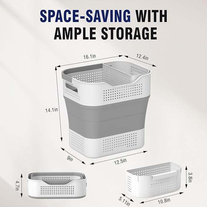 TECHMILLY Collapsible Plastic Laundry Basket Hamper with Handles, 35L Portable Rubber Clothes Basket, Pop Up Storage Container/Organizer with Hanging basket for Washing & Storage, Grey