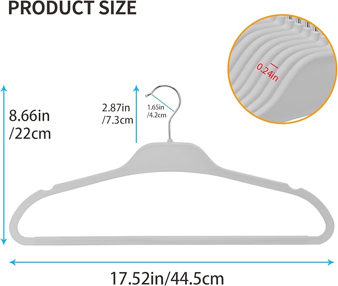 Non-Slip Rubber Coated Hangers, 30 Pack Plastic Clothes Hangers with 360° Swivel Hook 17.7 Inches Slim Space Saving Hangers for Adult Clothes Shirts Dresses Pants, Gray
