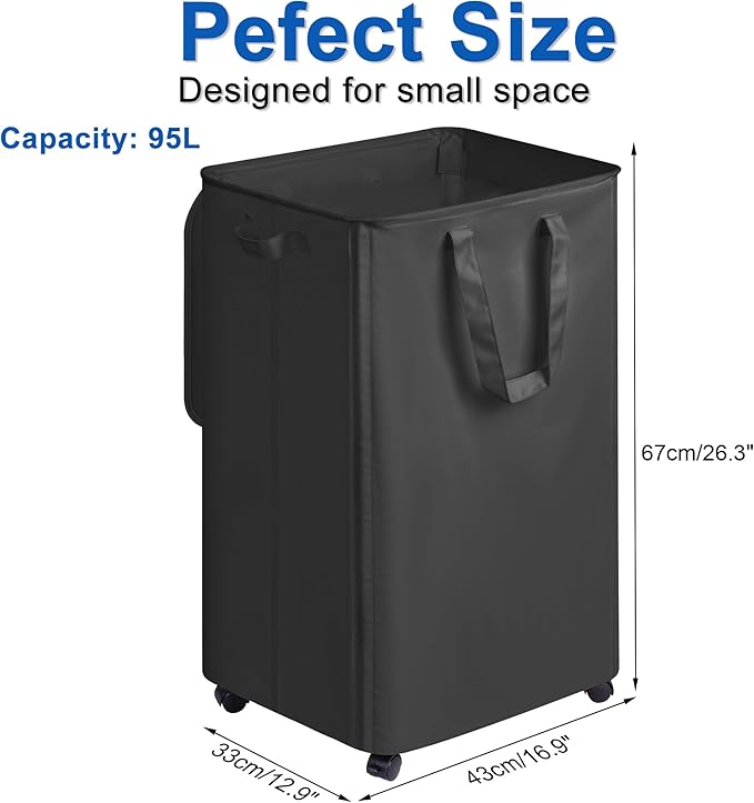 Slim Laundry Hamper with Lid and Wheels, Small Rolling Laundry Basket with Handle for Small Spaces, Tall Dirty Clothes Hampers for Dorm, Bathroom and Bedroom, 95L Black