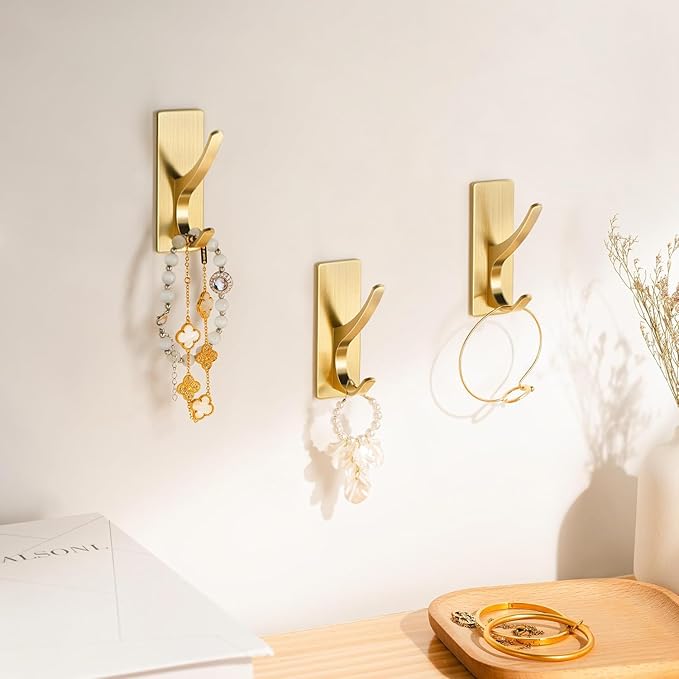 pickpiff Self Adhesive Coat Hooks for Hanging: Heavy Duty Stainless Wall Hook for Towel, Utensil, Backpack, Hat, Sturdy Metal Hanger for Bathroom, Kitchen, Door, 6-Pack, Brushed Gold