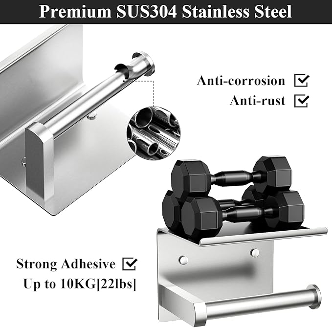 Tindbea Toilet Paper Holder with Phone Shelf, Adhesive or Screw Wall Mount Toilet Tissue Roll Holder, Rustproof & Multifunctional Stainless Steel Bathroom Storage Dispenser (Brushed Nickel)