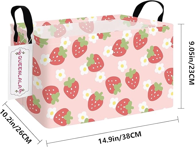 QUEENLALA Rectangular Laundry Hamper/Foldable Nursery Laundry Basket for Organizing/Storage Bin Baskets/Children Toy Office Bedroom/Toy Bin Closet Shelf Baskets（Rec-Pink Strawberry）