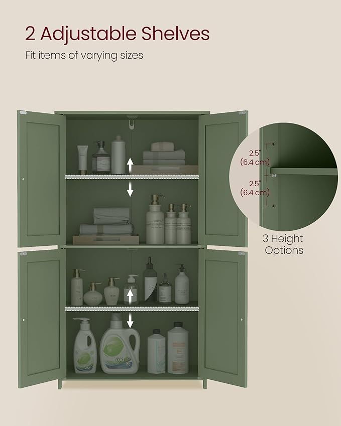VASAGLE Floor Storage Cabinet, Shaker Cabinet with 2 Adjustable Shelves, 4 Doors, Tall Freestanding Organizer Unit, for Kitchen Bathroom Living Room, Forest Green UBBC553CH01S