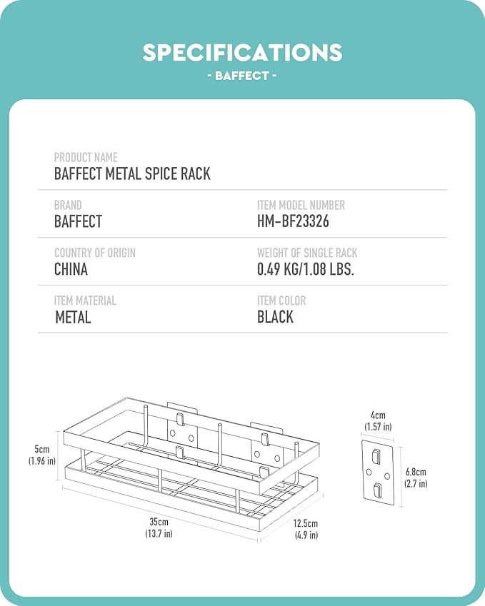 Baffect Metal Spice Rack Wall Mount Floating Shelves 2 Pack Black Storage organizer for Cabinet Door Pantry Kitchen Bathroom Supplies (13.7inches length)