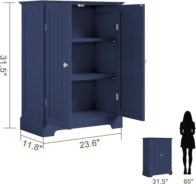 ChooChoo Bathroom Floor Cabinet, Modern Bathroom Storage Cabinet with 2 Doors and Adjustable Shelves, Freestanding Cupboard for Living Room, Blue