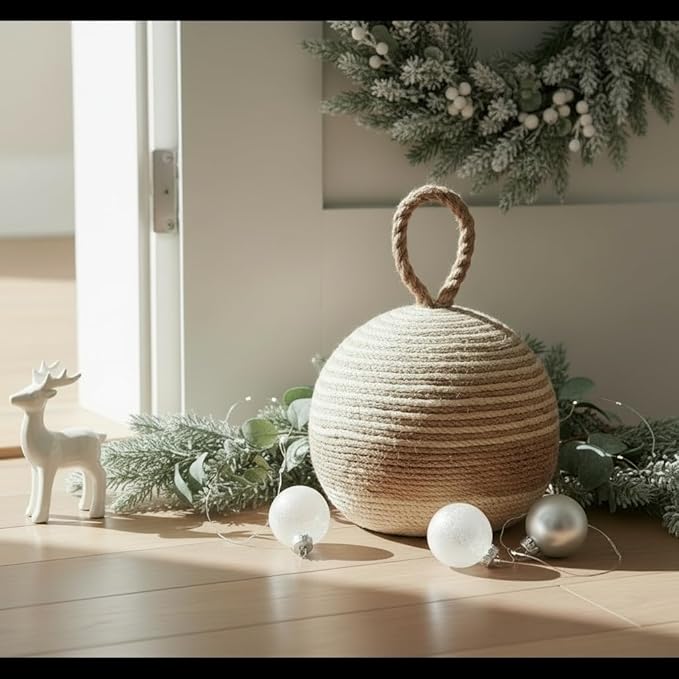 PEMAR Natural Wicker Door Stopper with Handle, Rustic Farmhouse Decorative Door Stop, Heavy Indoor Doorstop, Nautical Blocker Jammer 6.3''D Sphere Ball Shape (Jute)
