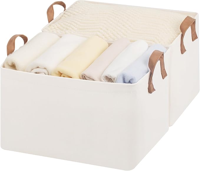 StorageWorks Fabric Storage Bins, Large Storage Baskets for Shelves, Closet Organizers and Storage Bins with Metal Frame, Handles, Natural Color, 2-Pack