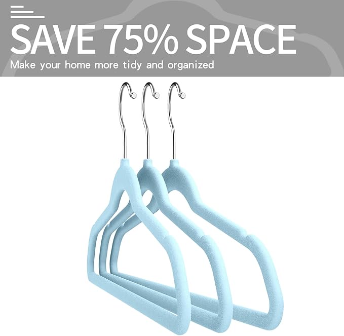 Velvet Clothes Hangers (50 Pack) Heavy Duty Durable Suit Hanger Vibrant Color Hangers Lightweight Space Saving Coat Hangers for Closet -Light Blue