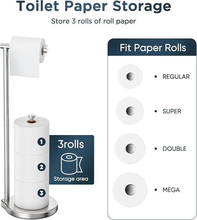 theaoo Heavy-Duty Toilet Paper Holder Stand – Modern Freestanding Bathroom Toilet Tissue Paper Roll Holder with Reserve & Storage, Stainless Steel (Silver, Free Standing)