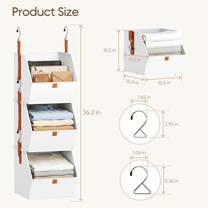 Collapsible Hanging Closet Organizer - 6 Tier Closet Shelves Storage System with Hooks, Fabric Hanging Storage Bins for Clothes, Foldable Storage Basket for Laundry, Bedroom, Rv, White