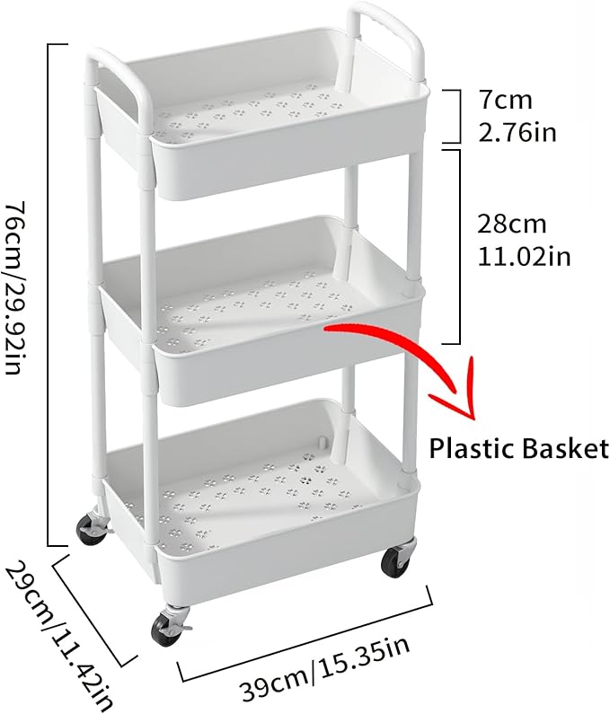 Sywhitta 3-Tier Plastic Rolling Utility Cart with Handle, Multi-Functional Storage Trolley for Office, Living Room, Kitchen, Movable Storage Organizer with Wheels, White