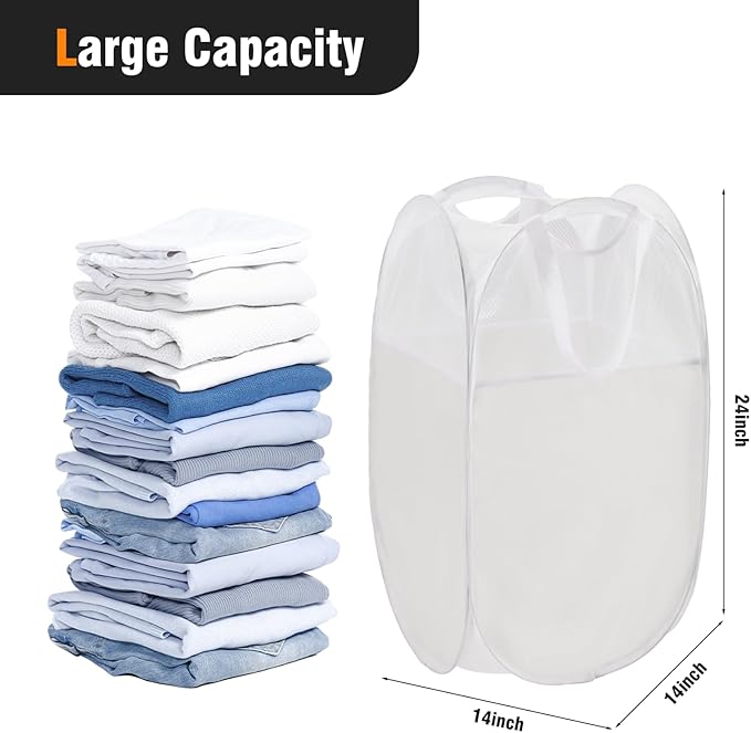 TECHMILLY Pop Up Foldable Laundry Basket, Mesh Laundry Hamper with Reinforced Handles for Dirty Clothes Storage in Dorm, Laundry Room, Bathroom, White(Fabric), 2 Pack