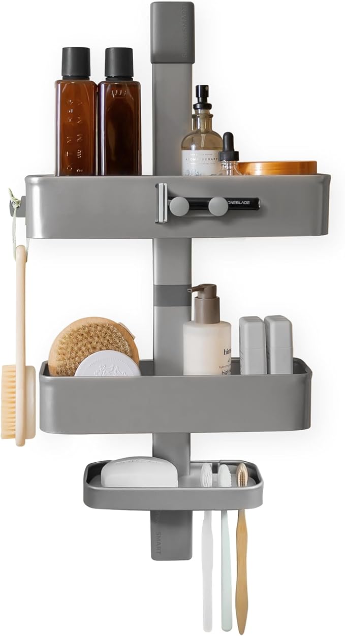 ShowerSMART Rust Resistant Hygienic Shower Caddy – Hanging Bathroom Organizer with Adjustable Shelves, Easy Clean Trays & Magnetic Hooks for DIY Remodels & Shower Niches - Graphite