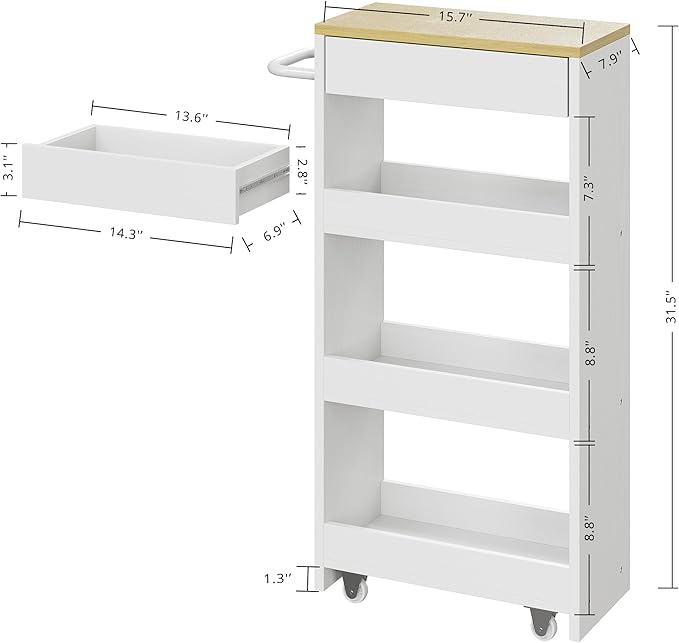 IRONCK Slim Storage Rolling Cart with Drawer and Wheels and Handle, 4 Tier Slide Out Utility Kitchen Cart for Small Spaces Kitchen Laundry Narrow Places, White
