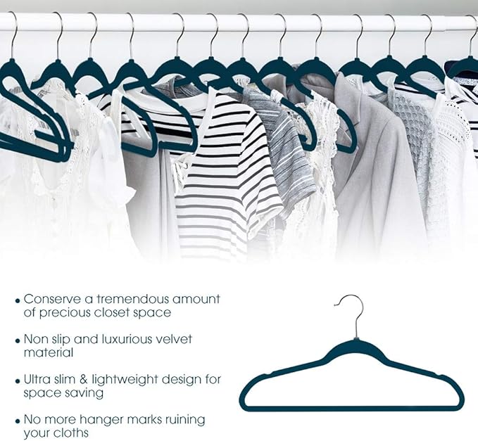 Elama 100 Piece Set of Velvet Slim Profile Heavy Duty Felt Hangers with Stainless Steel Swivel Hooks in Blue