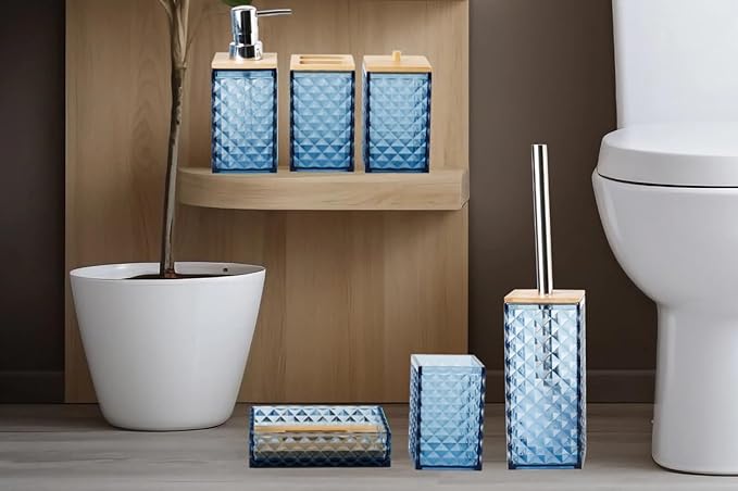 Blue Bathroom Accessory Set, 6 PCS Blue Bathroom Accessories Set, Soap Dispenser, Toothbrush Holder, Soap Dish, Mouthwash Cup, Cotton Swab Holder and Toilet Brush, Acrylic