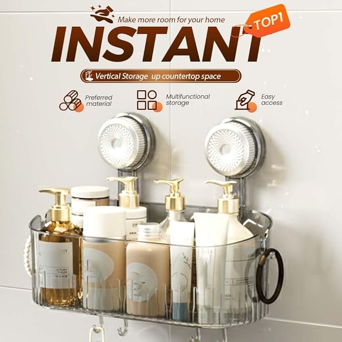 Fiopet No-Drill Bathroom Suction Storage Box, 2026 New Bathroom Suction Shelves, No Drilling Shelves Caddy Powerful Suction Cup Storage Holder Heavy Duty Shower Organizer (Transparent)