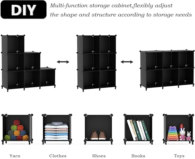 AWTATOS Cube Storage Organizer, Storage Cubes Shelves Bookshelf, 6 Cube Closet Organizers and Storage, DIY Stackable Plastic Clothes Organizer Shelving for Bedroom, Home, Black