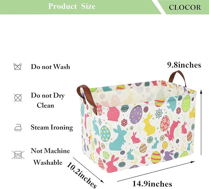CLOCOR Easter Eggs Basket Empty with Colorful Eggs-pattern,Rectangular Easter Gift Basket with Handles for Boys and Girls,Toys Bin,Room Decor(Easter Eggs Basket)