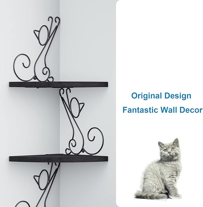 Alsonerbay Corner Shelves - Wall Mounted Floating Wood Shelf, 4 Tier Rustic Storage Shelf, Cat Shaped Shelving for Wall, Solid Wooden Decor for Living Room, Bedroom, Kitchen (Black)