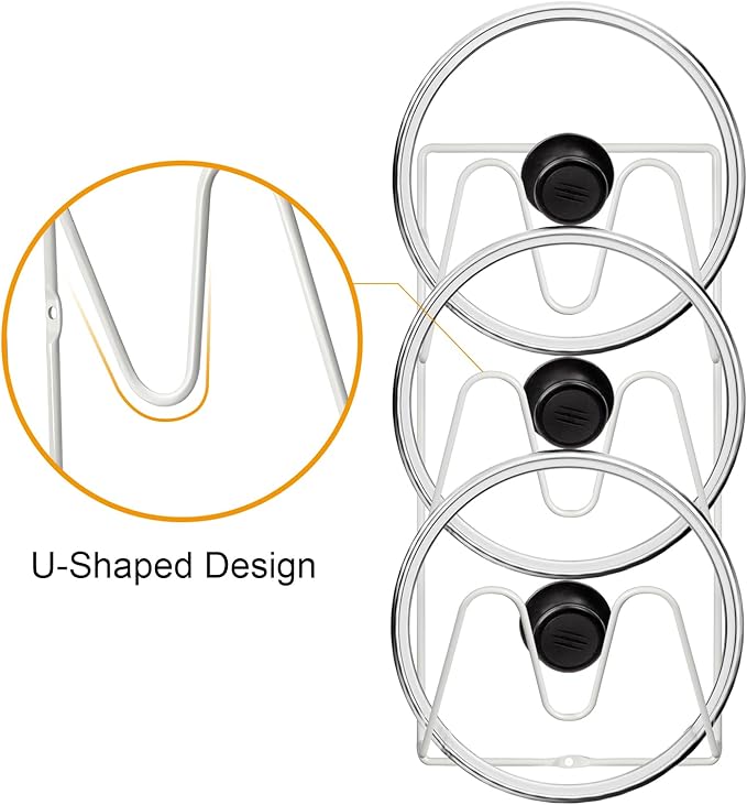 2 Pack Pot-Lid-Organizer, 6-Tier Pots and Pans Lid-Organizer for Cabinet Door/Wall, No Drilling Adhesive Wall/Door Mounted Rustproof Pot-Lid-Holder for Kitchen Organization - White