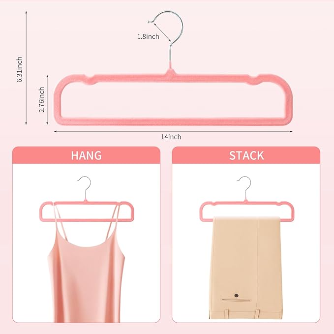 14 Inch 30 Pack Velvet Pants Hangers Non Slip,Slim Felt Jean Hangers with 10 Hooks and 2 Clips,Strong Durable Thin Space Saving Clothes Hanger with 360°Swivel Hook for Shorts,Skirts Bra(Pink)