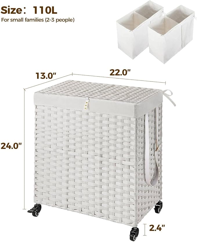 Greenstell Laundry Hamper with Wheels, No Install Needed, 110L Divided Handwoven Hampers & 2 Removable Liner Bags, Rattan Clothes Laundry Basket with Lid & Handles, Foldable Hampers White