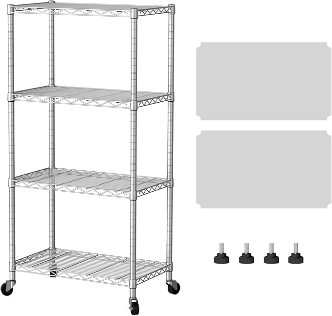 SINGAYE 4 Shelf Storage Wire Shelves Closet Bathroom Organizers Metal Pantry Kitchen Garage Shelving Unit Laundry Room Organization Home Narrow Rack Net Basket with Wheels Black