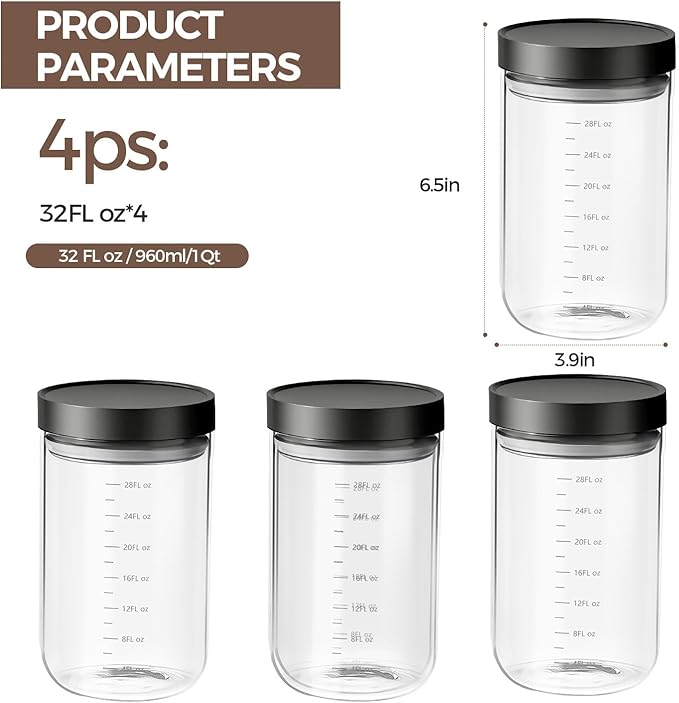Danbark Set of 4 30oz Airtight Glass Storage Canisters with Lids - Pantry Organizers and Storage Glass for Kitchen - for Pantry, Flour, Sugar, Coffee, Tea, Pasta, Rice, and Snacks - Black