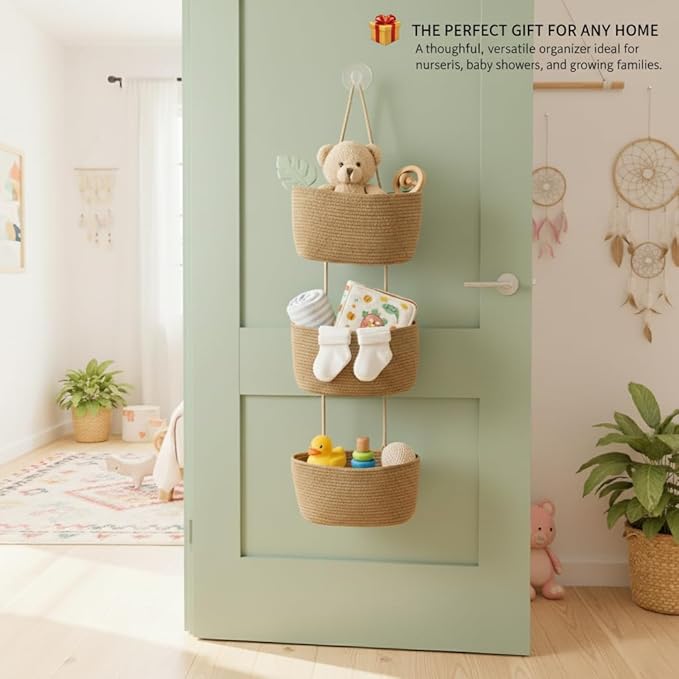 Britwicfr Over the Door Organizer, 3-Tier Hanging Storage Basket with Hooks, Cotton Back of Door Organizer for Living Room, Bedroom, Boho Wall Decor, Toy Storage, Jute