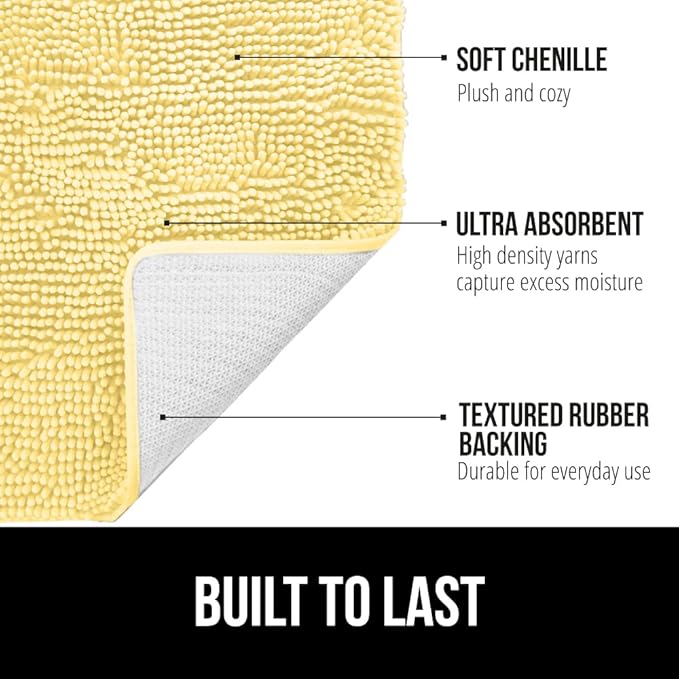 GORILLA GRIP Bath Rug Mat 30x20, Thick Soft Absorbent Chenille, Quick Dry Microfiber Mats, Rubber Backing Washable Shower Floor Rugs, US Designed Bathroom Bathmat Home Decor Accessories, Yellow