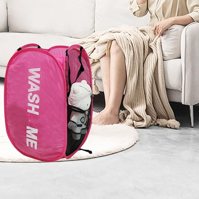 Pack of 2 Mesh Pop Up Hampers Collapsible Laundry Baskets for Dirty Clothes Storage With Side Pocket for Students, College Dorm, Apartment (Grey+Pink)