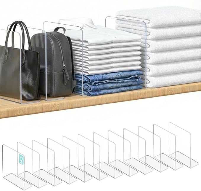 OKPOW Shelf Dividers for Closet Organization: 12 Pack Durable Clear Acrylic Divider Organizer for Shelves - Vertical Adjustable Shelving Separators for Clothing Purse