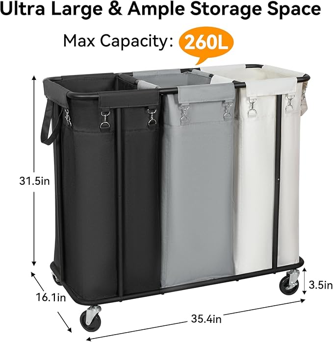 WOWLIVE Laundry Hamper with Wheels 260L Rolling Laundry Basket 3 Section Organizer Laundry Cart with Steel Frame and Removable Bags Large Dirty Clothes Hamper Dorm Room Storage for Bedroom