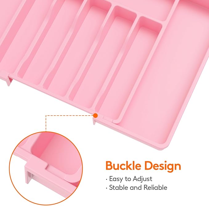 Lifewit Silverware Drawer Organizer, Expandable Utensil Tray for Kitchen, BPA Free Flatware and Cutlery Holder, Adjustable Plastic Storage for Spoons Forks Knives, 13-22 x 15", Pink