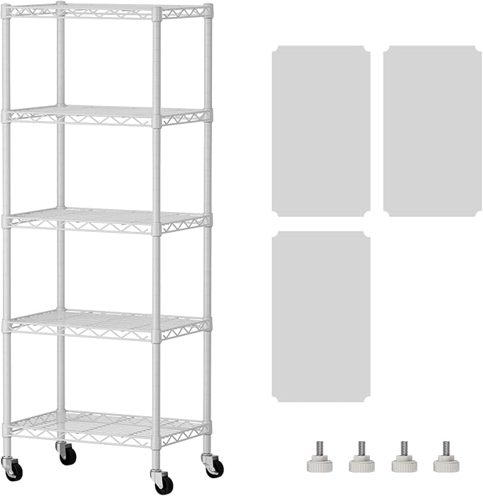 SINGAYE 6 Small Shelf Storage Wire Shelves Closet Bathroom Organizers Metal Pantry Kitchen Garage Shelving Unit Laundry Room Organization Home Narrow Rack Net Basket with Wheels White