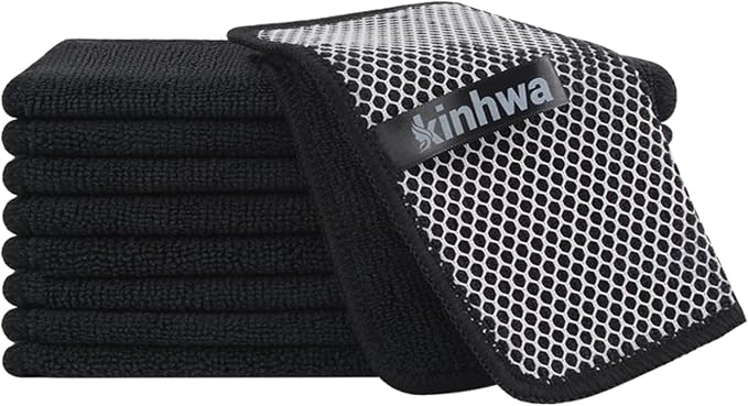 KinHwa Kitchen Washcloths for Dishes Absorbent Microfiber Dish Cloths Quick Dry Dish Rags with Poly Scour Scrub Side Ideal for Kitchen Cleaning (Black, 9inchx9inch 9 Pack)