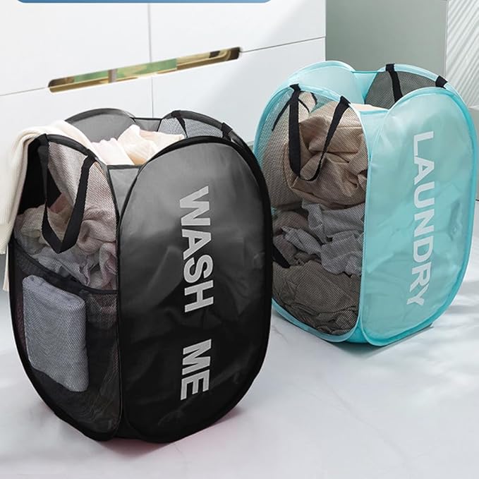 Larpur Pop Up Laundry Baskets, 2 Pack Mesh Laundry Hampers Collapsible Clothes Hampers for Home, Dorm, Travel (Black + Blue)