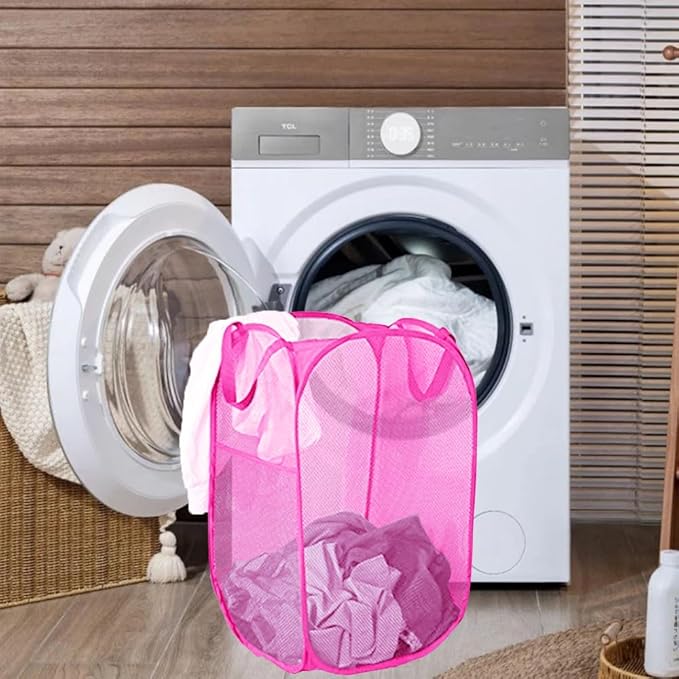 Pop Up Laundry Hamper, Portable Mesh Laundry Basket, Collapsible Clothes Storage Bin for Bedroom, Dormitory, Travel, Home, Rose Red